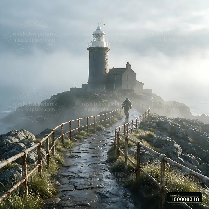 One person walks along a rocky path toward a lighthouse in heavy ocean fog.