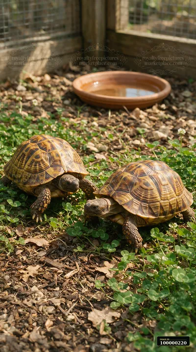 Two tortoises move across leafy ground in a naturalistic outdoor enclosure beside a shallow water dish.