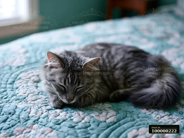 Long-haired gray tabby cat sleeps curled up on a colorful quilted bed at home.