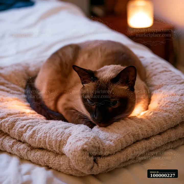 Tonkinese cat resting on folded blankets in a warmly lit bedroom