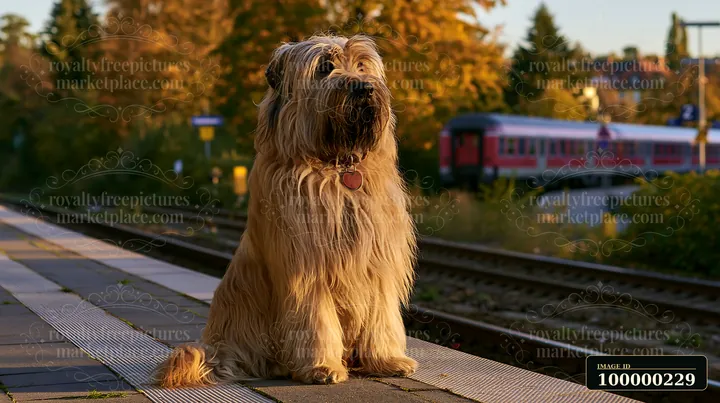 Long-haired dog sits on a railway platform as a train passes behind it at sunset.