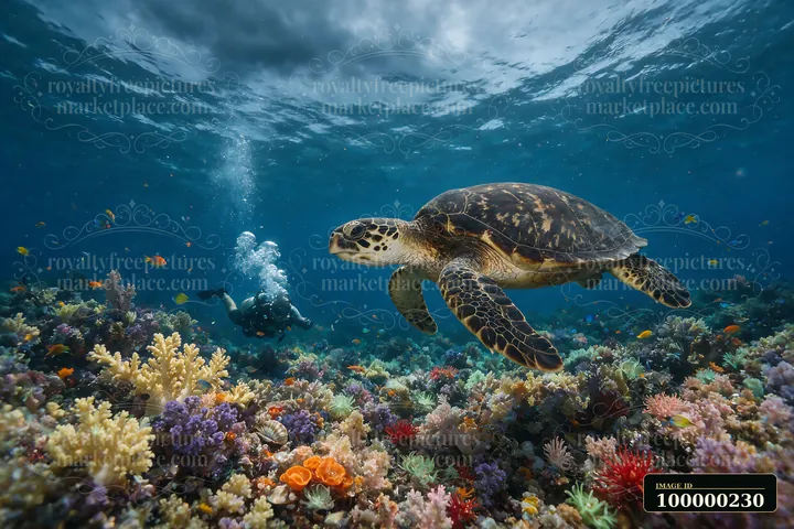 Sea turtle swims beside a scuba diver above a colorful coral reef with tropical fish underwater.