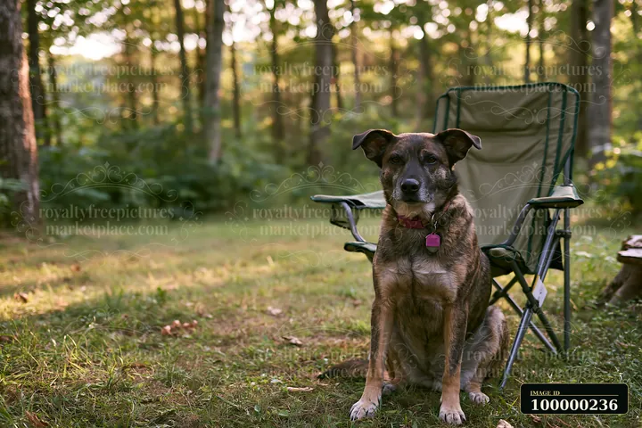 Brindle-coated dog sitting beside a folding chair in a sunlit forest clearing.