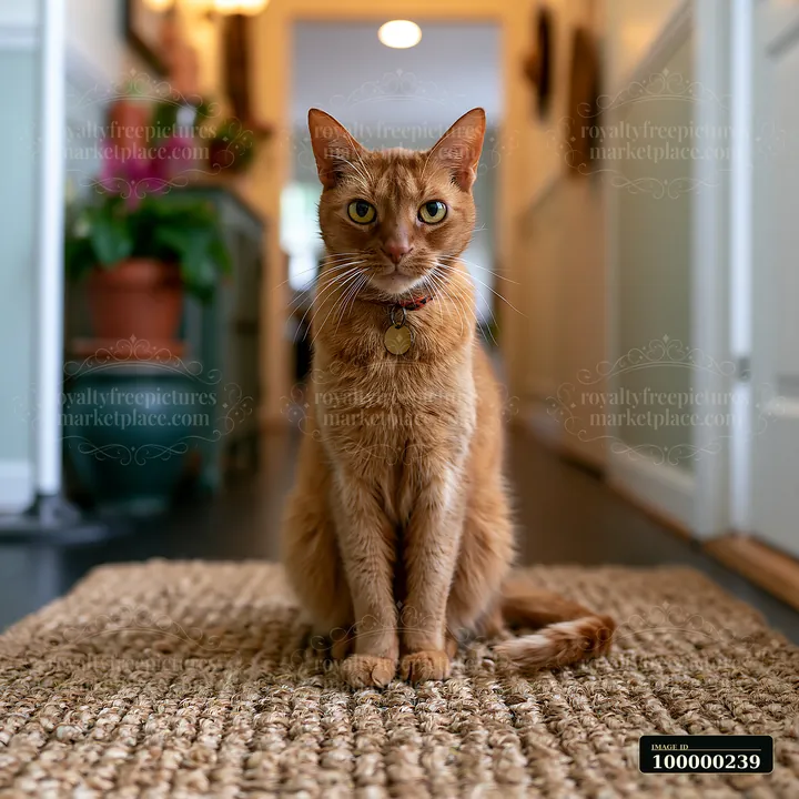 Copper-colored Suphalak cat sitting upright on a textured rug in a warmly lit home interior.