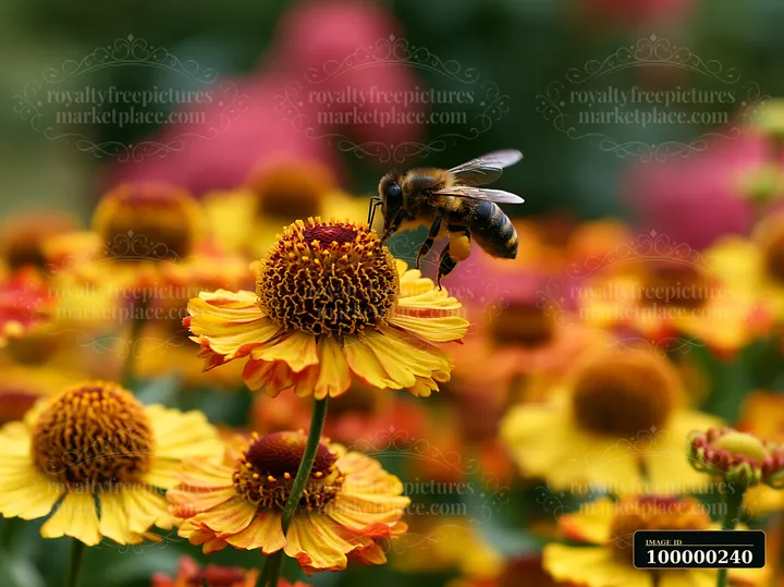Bee hovering over a yellow flower surrounded by colorful blooms in a garden.