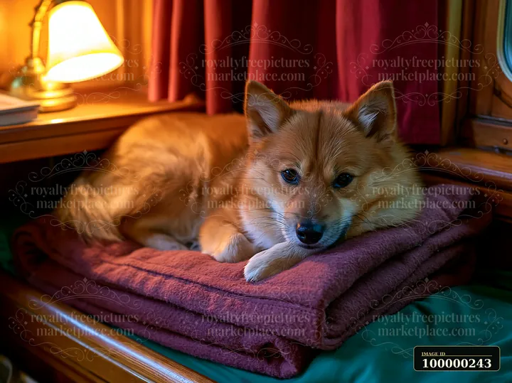 Fluffy dog resting on folded blankets inside a warmly lit train compartment with wooden trim and curtains.