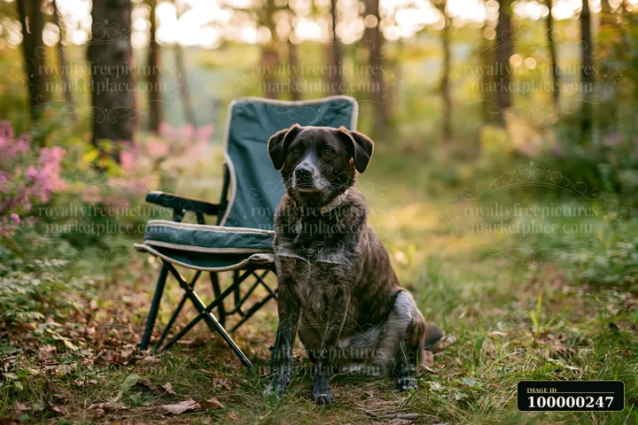 Brindle-coated dog sitting beside a folding chair in a softly lit forest