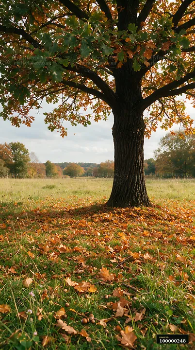 Large oak tree with autumn leaves and acorns stands in a meadow beneath a cloudy sky.