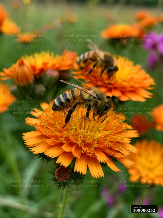 Two bees feed on bright orange flowers in a colorful meadow garden close-up.