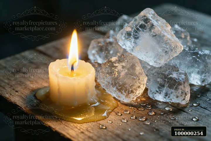 Lit candle beside melting ice cubes and water droplets on a rustic wooden surface.