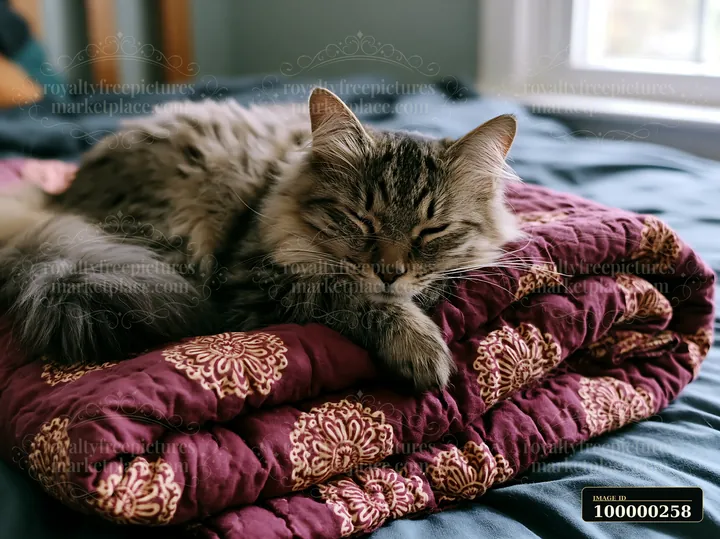 Long-haired tabby cat sleeping on a patterned blanket in a softly lit bedroom.