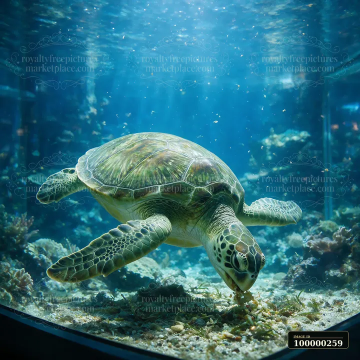 Sea turtle feeding underwater above a sandy, coral-filled aquarium floor.