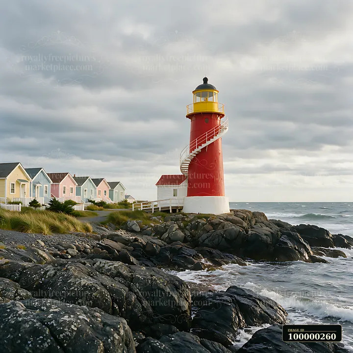 Red lighthouse beside colorful beach cottages on a rocky shoreline with waves under a cloudy sky.