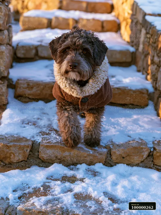 Curly-haired dog wearing a brown winter coat stands on snowy stone steps.