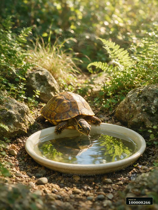 Tortoise drinks from a shallow basin in a leafy, rocky natural enclosure.
