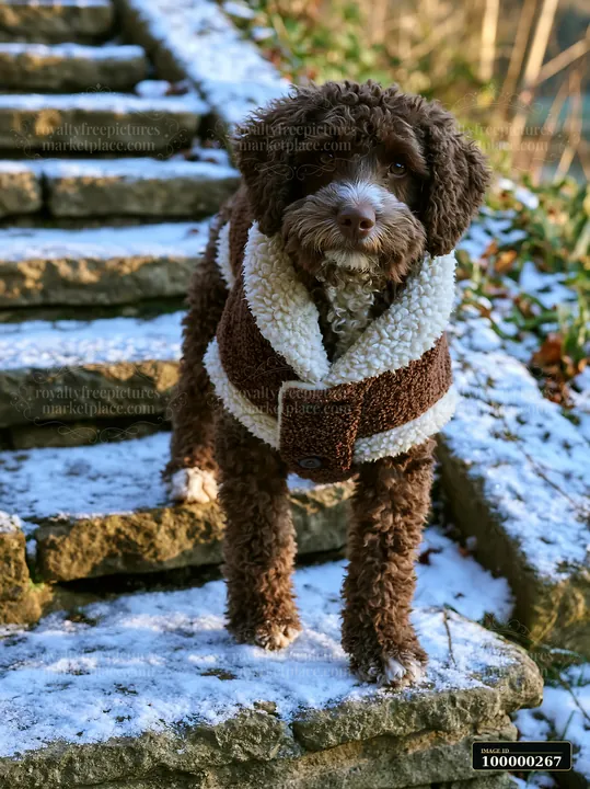 Curly brown dog in a warm winter coat stands on snow-covered stone steps outdoors.