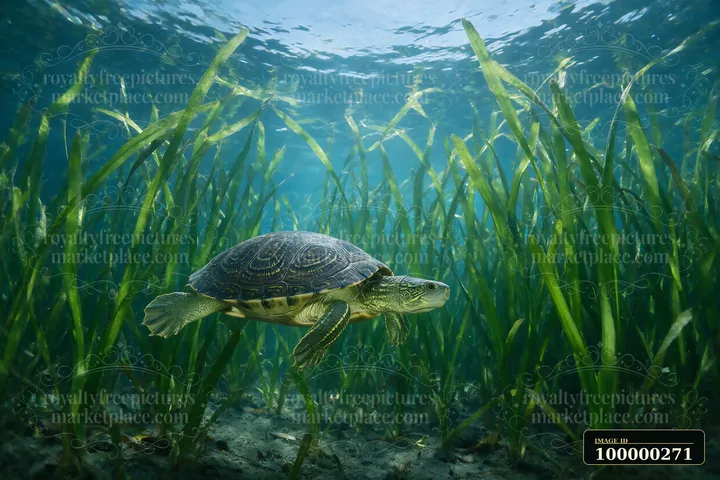 Turtle swims through tall aquatic plants in a clear underwater meadow beneath a sunlit water surface.