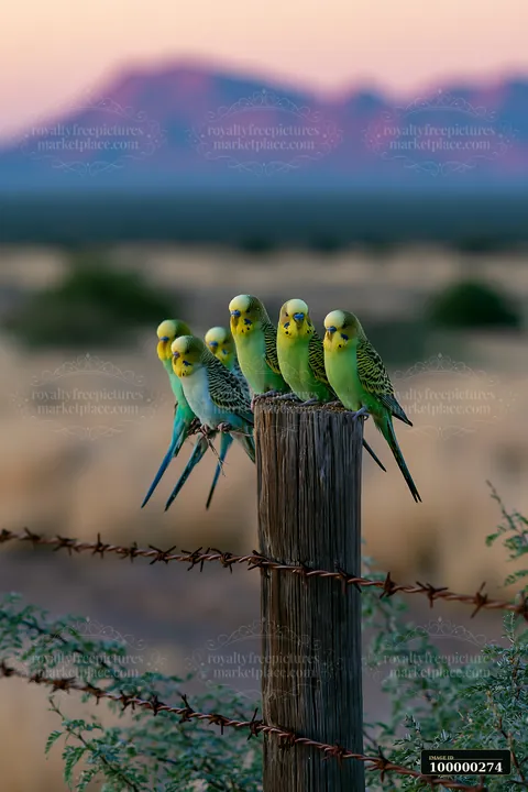 Six colorful budgerigars perch on a weathered wooden post above barbed wire in a softly blurred desert landscape.