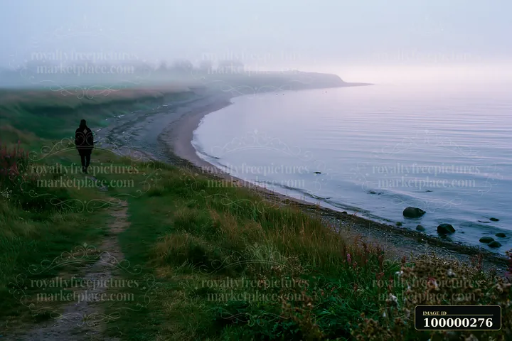 Lone person walks along a grassy coastal path beside a calm, rocky shoreline under mist.