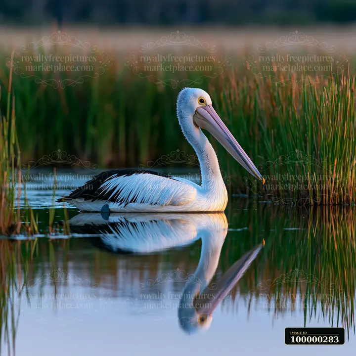 Australian pelican floating on lagoon water among reeds with its reflection visible.