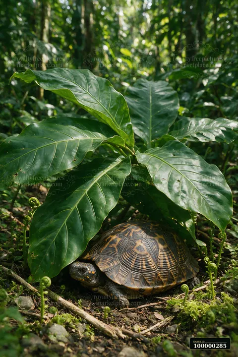 Turtle resting beneath broad leaves on a leafy forest floor in natural light.