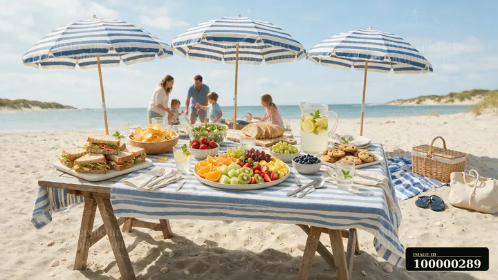 Beach picnic buffet with fruit, sandwiches, drinks, and striped umbrellas on a sandy shore