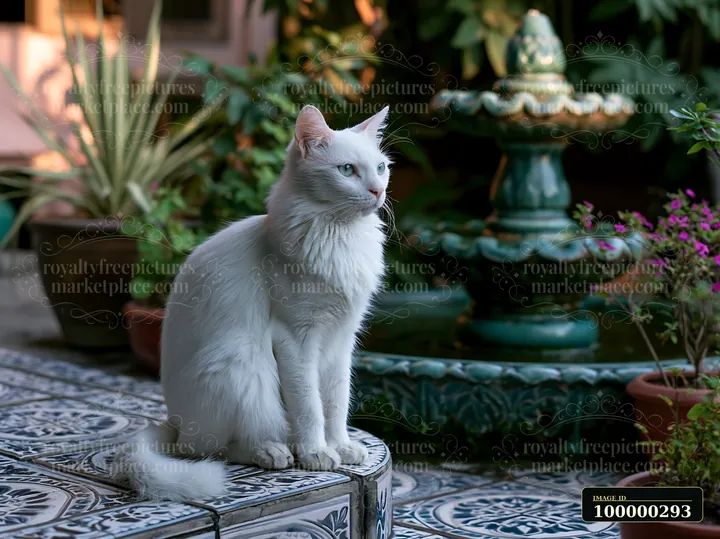 A Khao Manee cat sits on a tiled surface near a decorative fountain surrounded by lush plants and flowers.