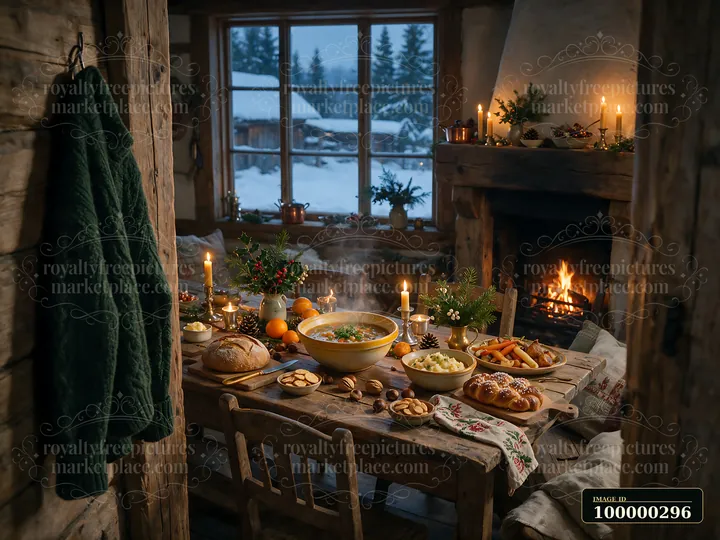 Rustic farmhouse buffet with soup, bread, candles, and evergreen decorations in a cozy wooden room beside a snowy window.