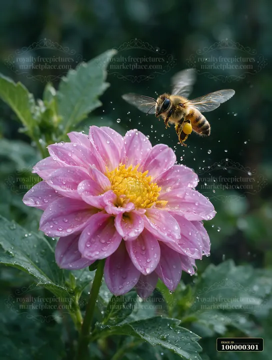 Honey bee taking off from a dew-covered pink flower amid green garden foliage.