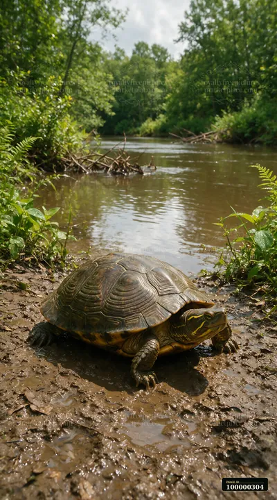 Turtle resting on a muddy bank beside a wooded stream, with shell patterns highlighted by natural light.