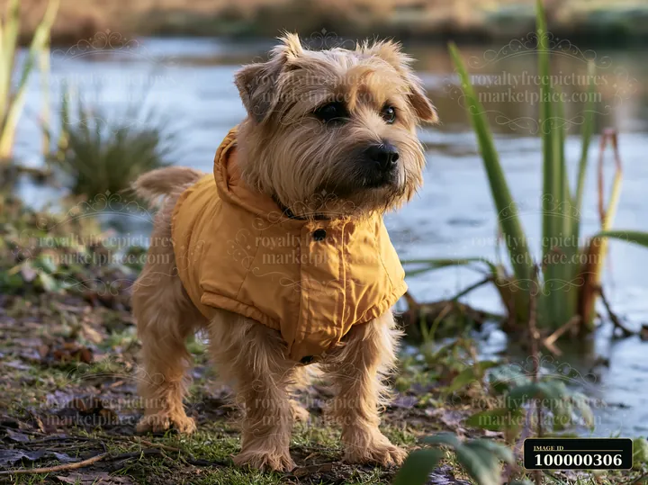 Shaggy small dog in a yellow coat standing beside a pond and reeds.