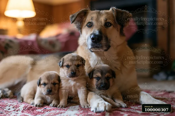Mother dog rests indoors with three young puppies on a patterned rug.