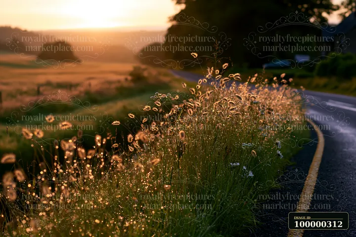 Sunlit grasses beside a curving rural road at sunset, with fields and trees in the background.