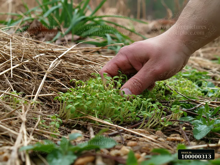 A hand tends young green plants emerging through dry cut grass in a meadow recovering after mowing.