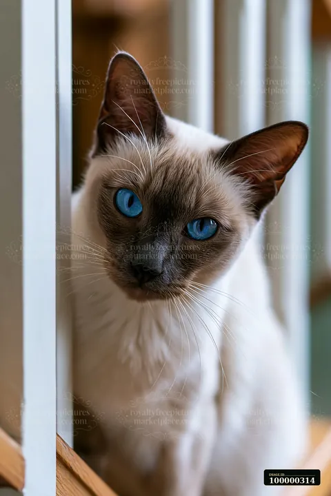 Blue-eyed Tonkinese cat standing near a bright indoor window in a close-up portrait.