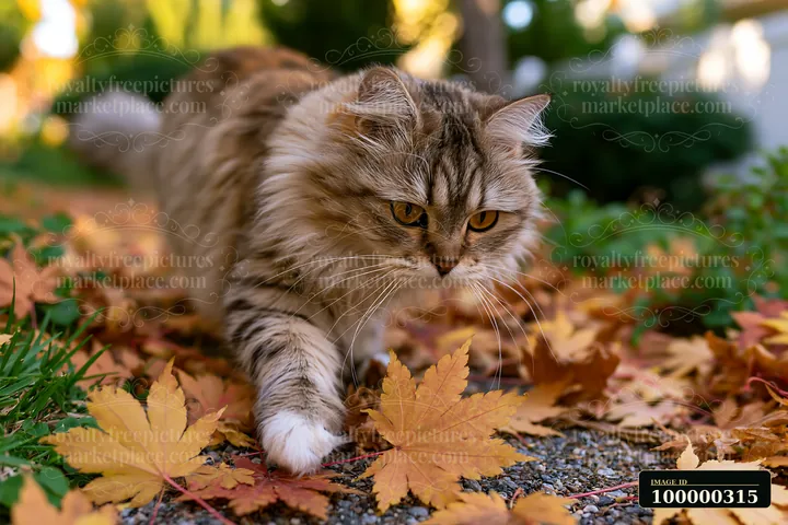 Long-haired tabby cat walking through fallen autumn leaves in a garden