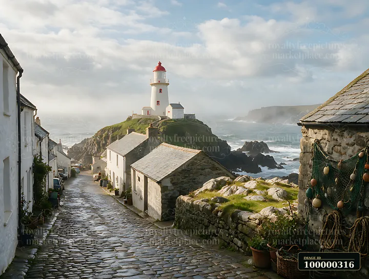 White lighthouse overlooking a cobbled coastal fishing village, rugged cliffs, ocean waves, and cloudy skies.