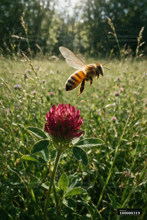 Honey bee flying above a red clover flower in a sunlit meadow with blurred woodland behind it.