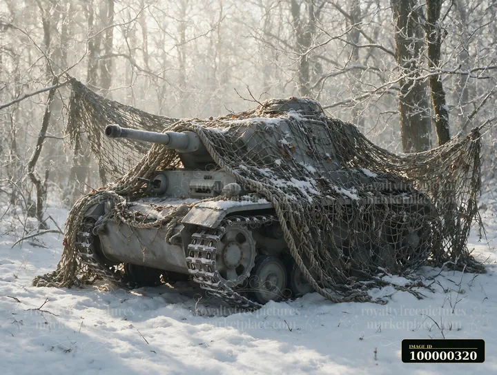 Camouflaged tank covered in snow beneath netting in a frost-covered winter forest.