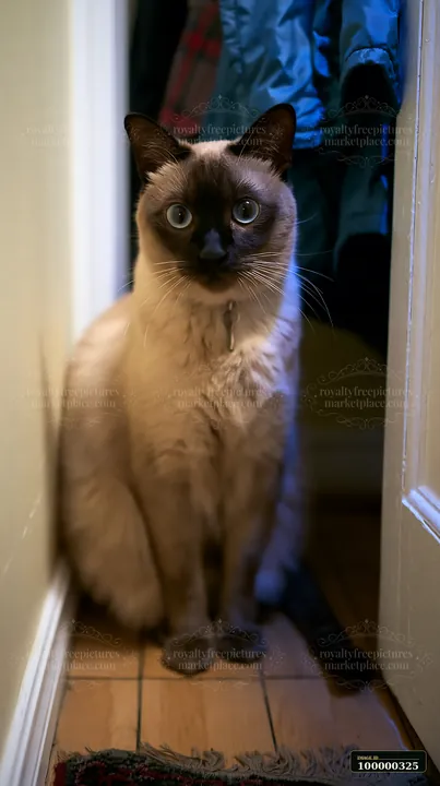 Tonkinese cat sitting in a doorway on a tiled floor and looking directly at the camera.
