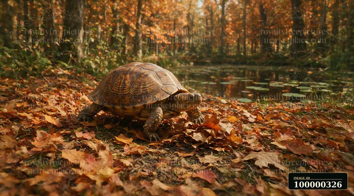 Turtle walking through fallen leaves beside a woodland pond in an autumn forest.
