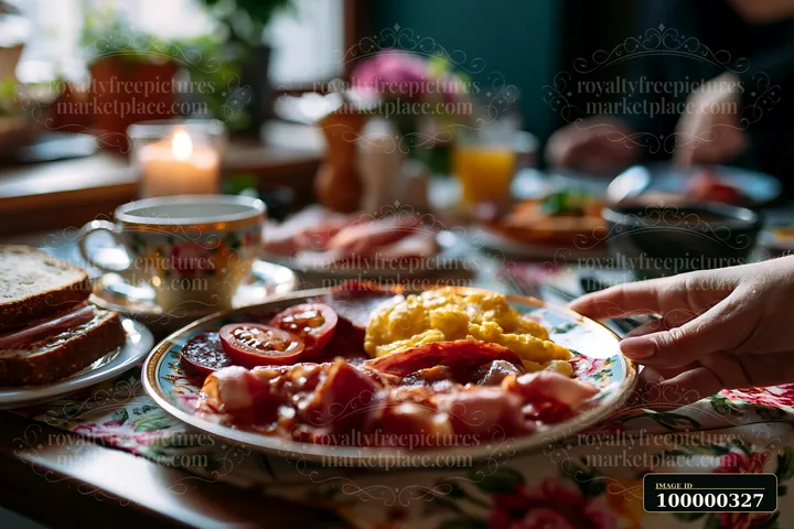Hand serving a breakfast plate with eggs, bacon, tomatoes, and toast at a warmly lit dining table.