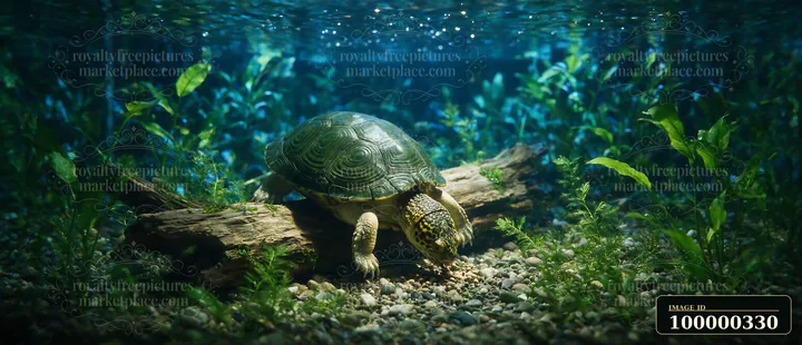 Turtle searches for food underwater beside a log in a planted aquarium.