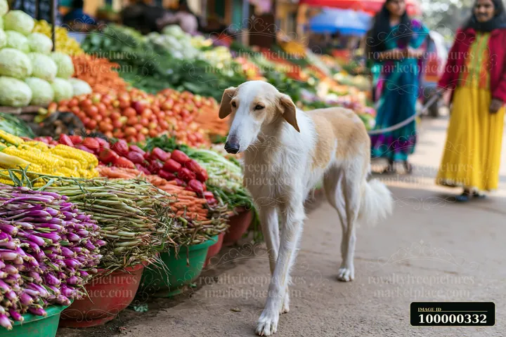 Long-haired dog stands beside colorful vegetable displays at a busy farmers market.