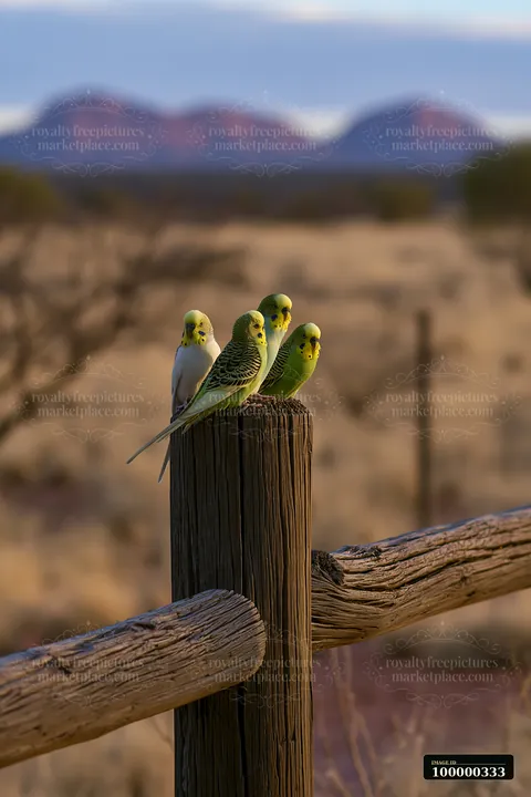 Four colorful budgerigars perch on a weathered wooden post with blurred desert mountains behind them.