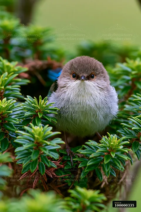 Fairy wren facing the camera among dense green native shrubs.
