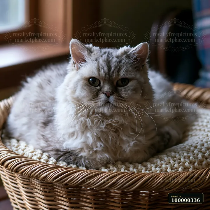 Curly-haired gray and white cat resting in a woven wicker basket indoors.
