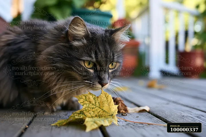 Long-haired dark cat looks toward the camera beside yellow autumn leaves on a wooden deck.