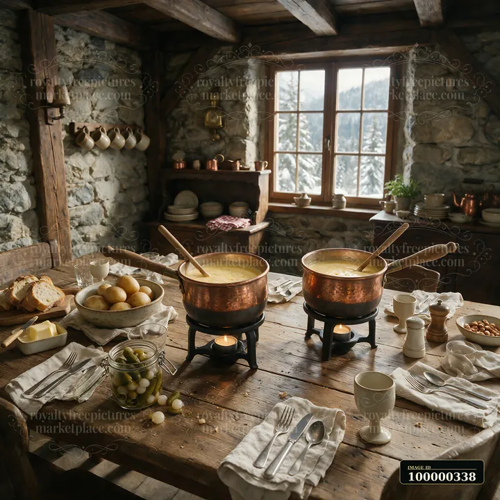 Two copper fondue pots sit on a wooden table with bread, potatoes, pickles, and tableware in a rustic cabin.