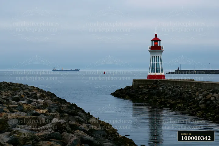 Red and white lighthouse on a rocky breakwater with a cargo ship across calm harbor water.